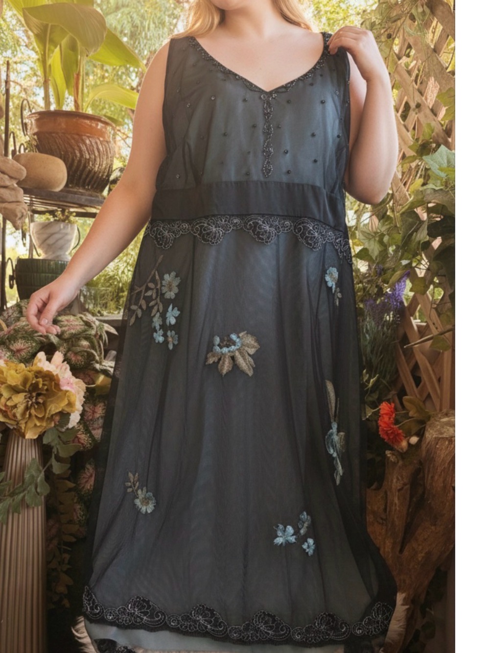 Summer floral Black Sheer Embroidered Floral Maxi Dress